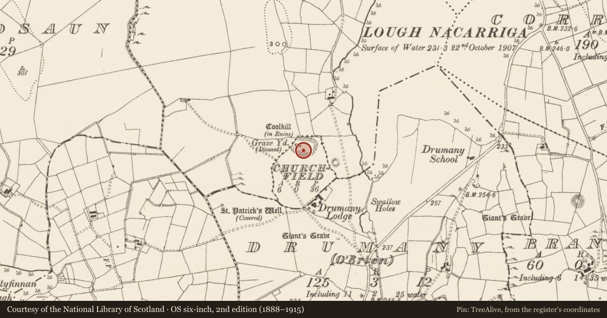 Ordnance Survey six-inch map, 2nd edition (1888–1915) covering the location of Graveyard, Churchfield, Drumroosk North, County Leitrim, with a pin at the register's coordinates