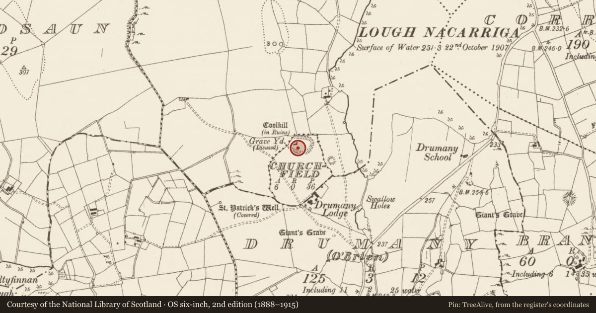 Ordnance Survey six-inch map, 2nd edition (1888–1915) covering the location of Enclosure, Churchfield, County Leitrim, with a pin at the register's coordinates