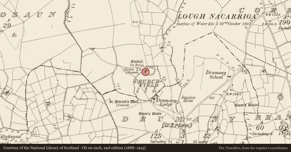 Ordnance Survey six-inch map, 2nd edition (1888–1915) covering the location of Mound, Churchfield, County Leitrim, with a pin at the register's coordinates