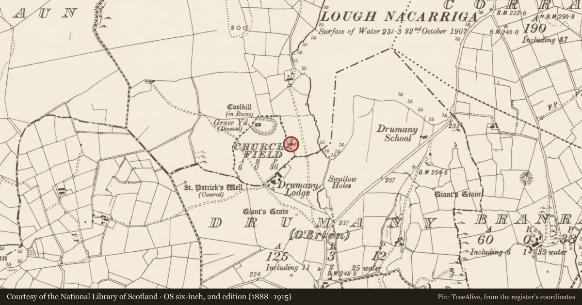 Ordnance Survey six-inch map, 2nd edition (1888–1915) covering the location of Mound, Drumroosk North, County Leitrim, with a pin at the register's coordinates