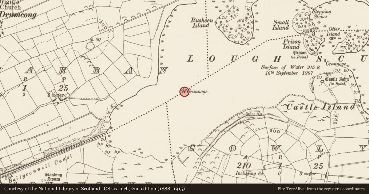 Ordnance Survey six-inch map, 2nd edition (1888–1915) covering the location of Crannog, Roscarban, County Leitrim, with a pin at the register's coordinates