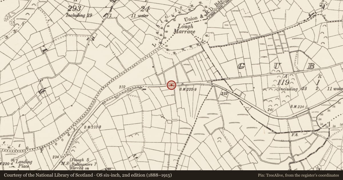 Ordnance Survey six-inch map, 2nd edition (1888–1915) covering the location of Burial, Keshcarrigan, County Leitrim, with a pin at the register's coordinates