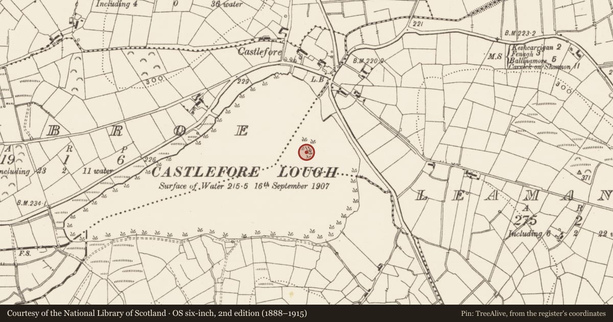 Ordnance Survey six-inch map, 2nd edition (1888–1915) covering the location of Crannog, Leamanish, County Leitrim, with a pin at the register's coordinates