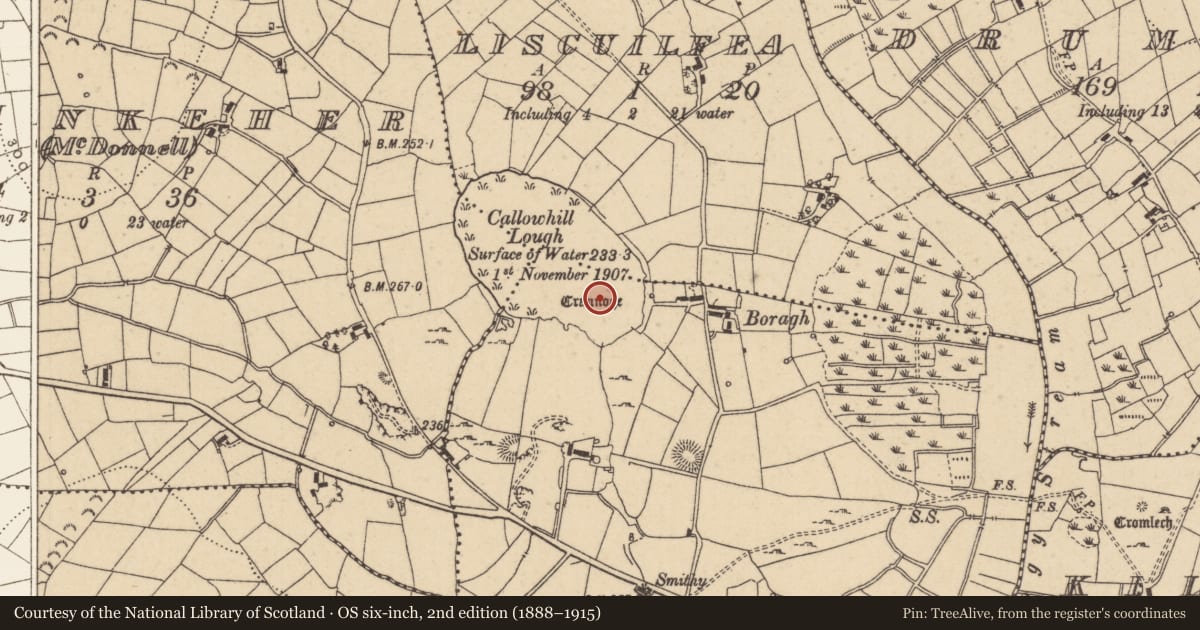 Ordnance Survey six-inch map, 2nd edition (1888–1915) covering the location of Crannog, Callowhill, County Leitrim, with a pin at the register's coordinates