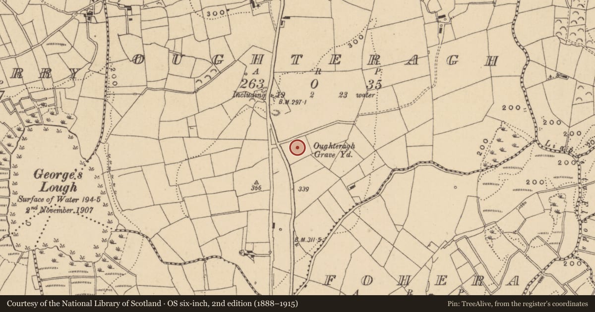 Ordnance Survey six-inch map, 2nd edition (1888–1915) covering the location of Graveyard, Oughteragh, County Leitrim, with a pin at the register's coordinates