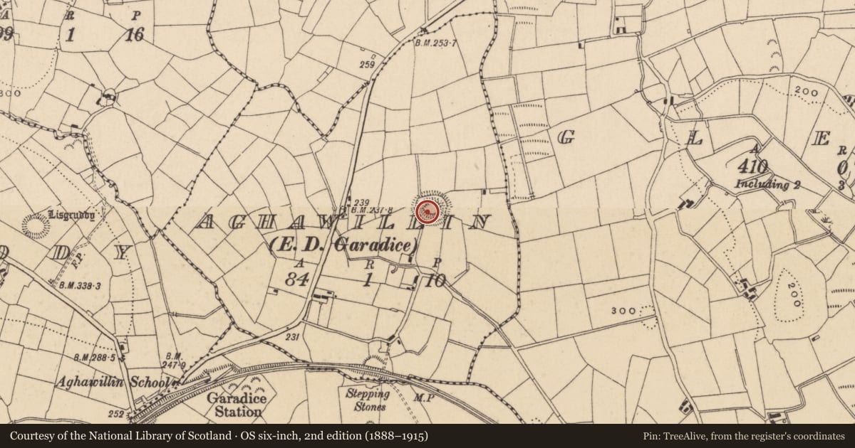 Ordnance Survey six-inch map, 2nd edition (1888–1915) covering the location of Ringfort - rath, Aghawillin, County Leitrim, with a pin at the register's coordinates