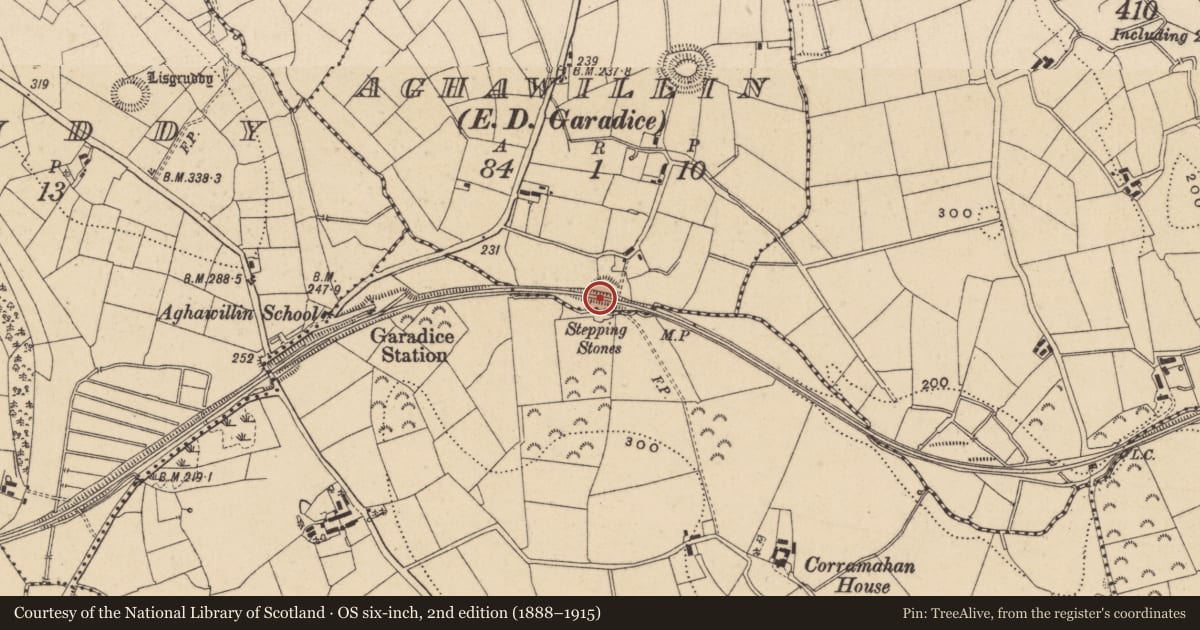 Ordnance Survey six-inch map, 2nd edition (1888–1915) covering the location of Earthwork, Aghawillin, County Leitrim, with a pin at the register's coordinates