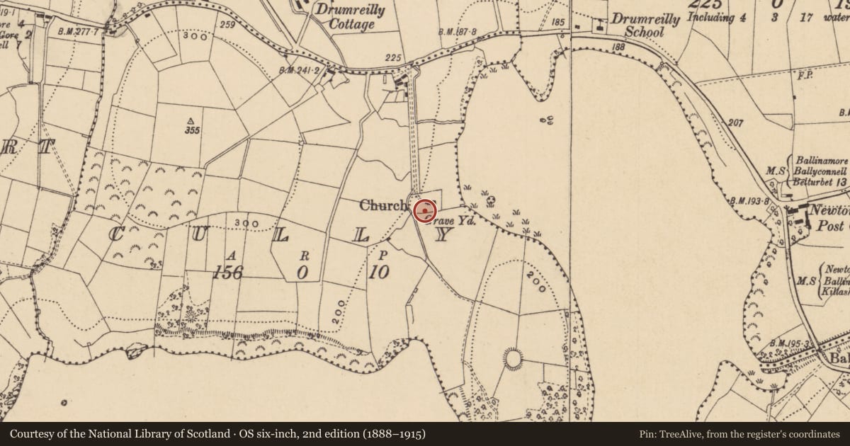 Ordnance Survey six-inch map, 2nd edition (1888–1915) covering the location of Church, Cully, County Leitrim, with a pin at the register's coordinates