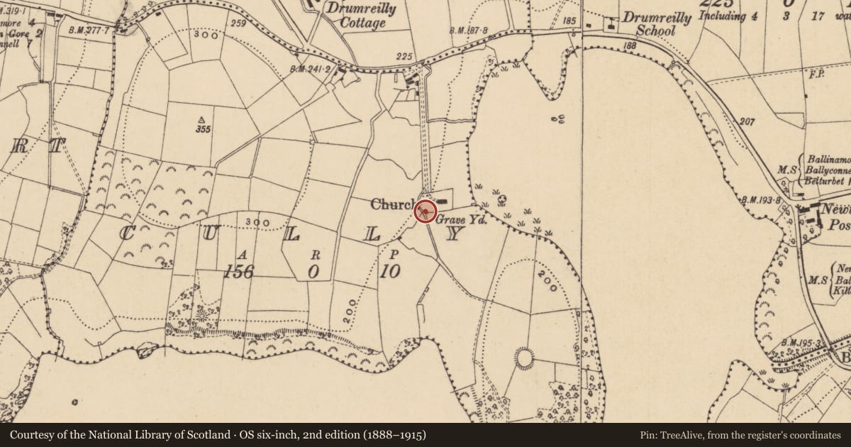 Ordnance Survey six-inch map, 2nd edition (1888–1915) covering the location of Graveyard, Cully, County Leitrim, with a pin at the register's coordinates