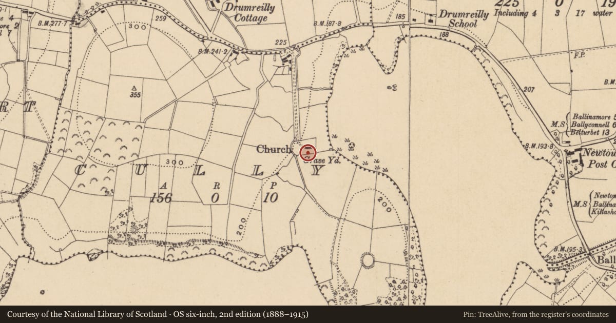 Ordnance Survey six-inch map, 2nd edition (1888–1915) covering the location of Stone sculpture, Cully, County Leitrim, with a pin at the register's coordinates