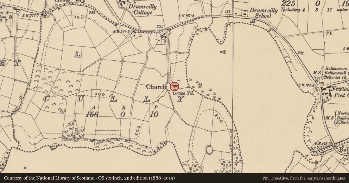 Ordnance Survey six-inch map, 2nd edition (1888–1915) covering the location of Graveslab, Cully, County Leitrim, with a pin at the register's coordinates