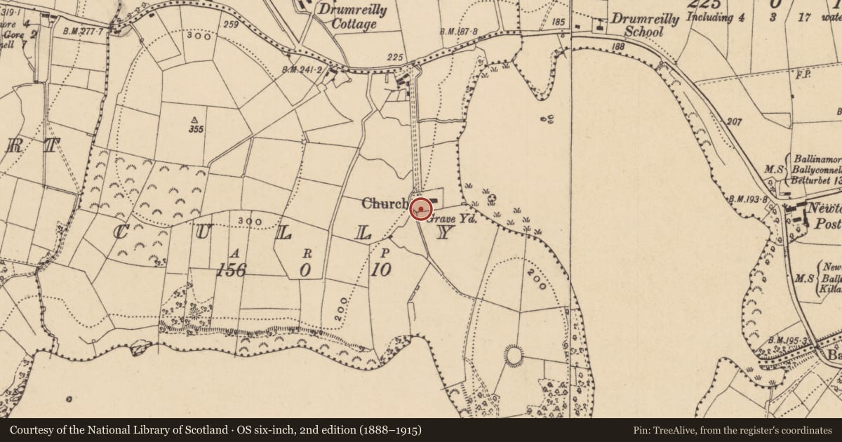Ordnance Survey six-inch map, 2nd edition (1888–1915) covering the location of Cross, Cully, County Leitrim, with a pin at the register's coordinates