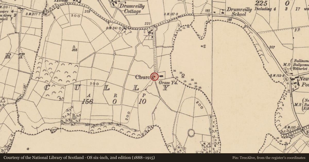 Ordnance Survey six-inch map, 2nd edition (1888–1915) covering the location of Hospital, Cully, County Leitrim, with a pin at the register's coordinates