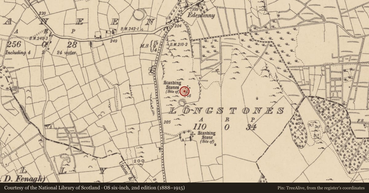 Ordnance Survey six-inch map, 2nd edition (1888–1915) covering the location of Stone row, Longstones, County Leitrim, with a pin at the register's coordinates