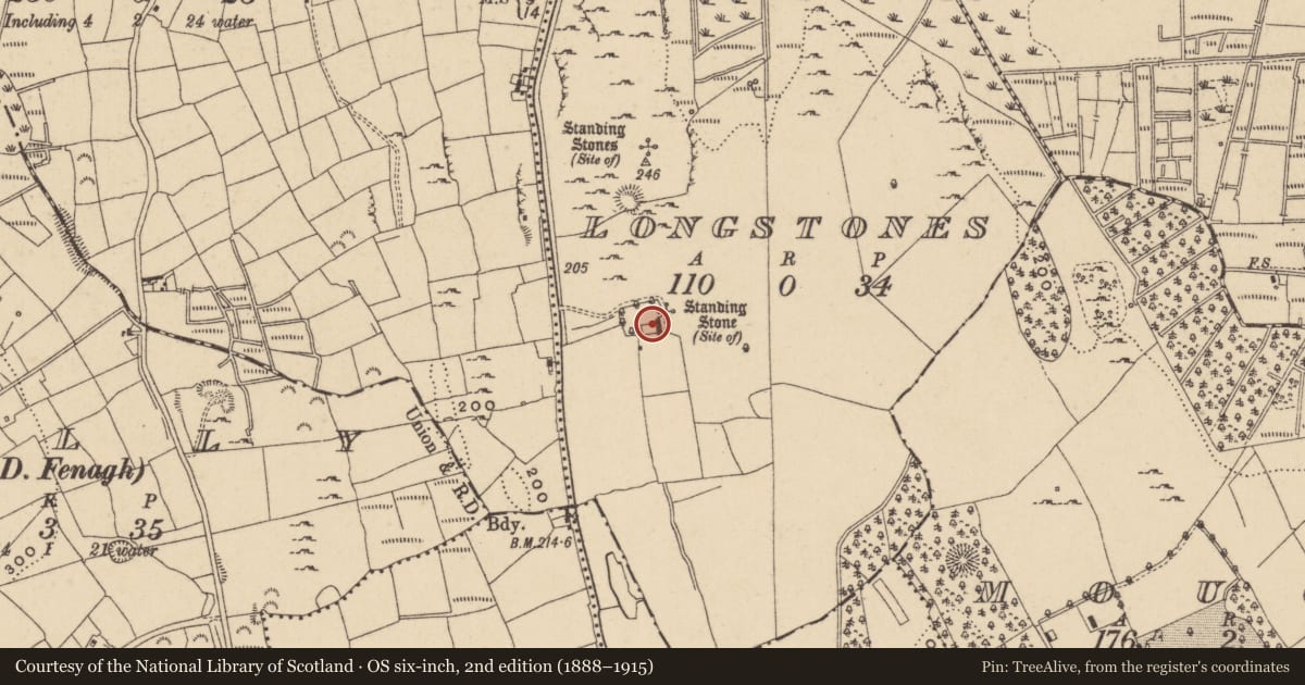 Ordnance Survey six-inch map, 2nd edition (1888–1915) covering the location of Standing stone, Longstones, County Leitrim, with a pin at the register's coordinates