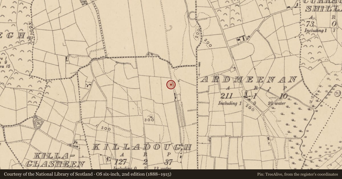 Ordnance Survey six-inch map, 2nd edition (1888–1915) covering the location of Burial ground, Killadough, County Leitrim, with a pin at the register's coordinates