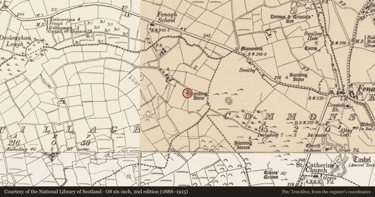 Ordnance Survey six-inch map, 2nd edition (1888–1915) covering the location of Standing stone, Cuillagh, County Leitrim, with a pin at the register's coordinates