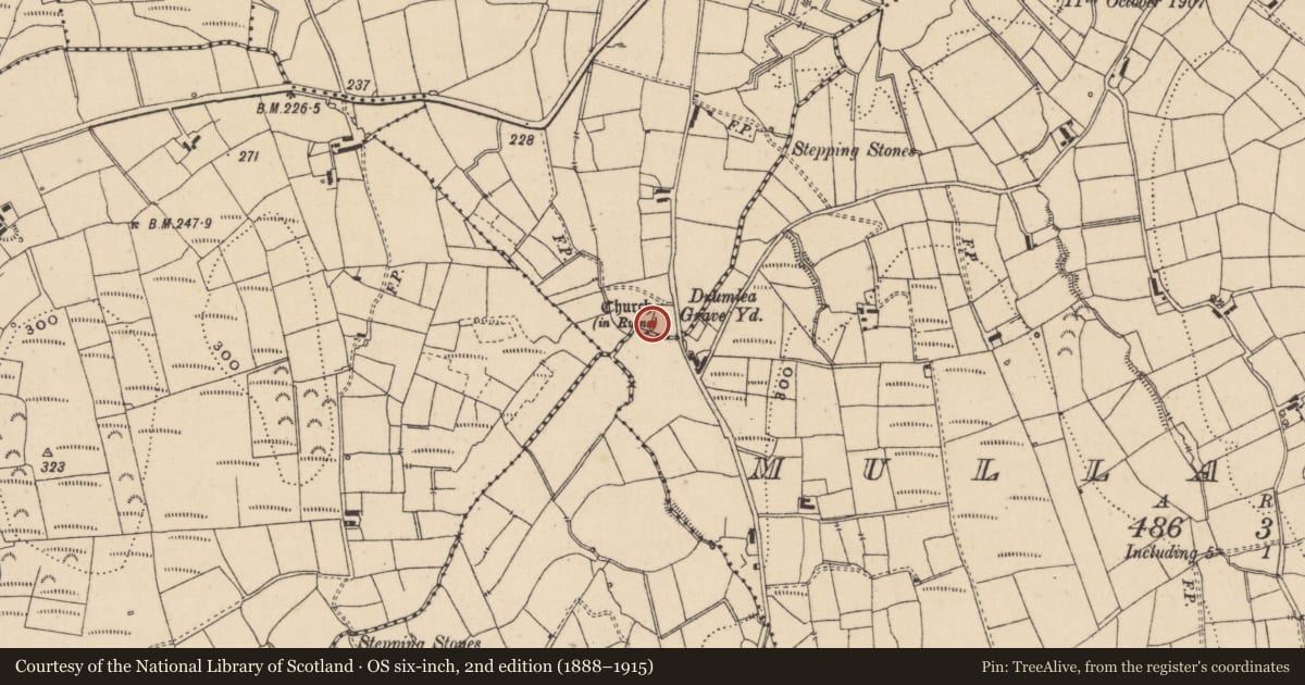 Ordnance Survey six-inch map, 2nd edition (1888–1915) covering the location of Graveyard, Ardunsaghan, County Leitrim, with a pin at the register's coordinates