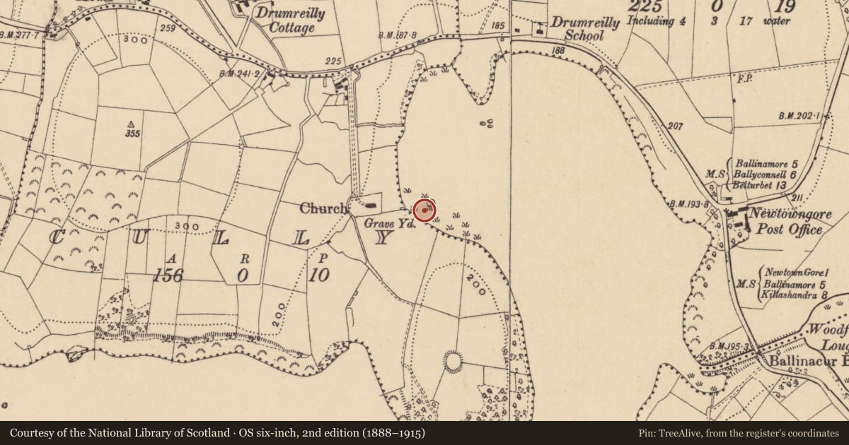 Ordnance Survey six-inch map, 2nd edition (1888–1915) covering the location of Crannog, Garadice Lough, County Leitrim, with a pin at the register's coordinates