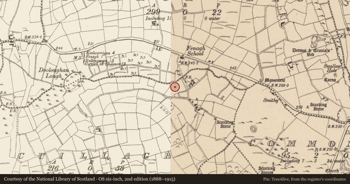 Ordnance Survey six-inch map, 2nd edition (1888–1915) covering the location of Fulacht fia, Cuillagh, County Leitrim, with a pin at the register's coordinates