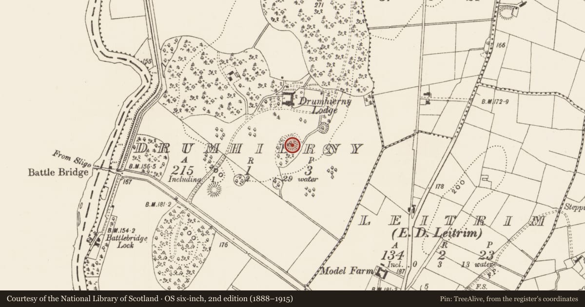 Ordnance Survey six-inch map, 2nd edition (1888–1915) covering the location of Enclosure, Drumhierny, County Leitrim, with a pin at the register's coordinates