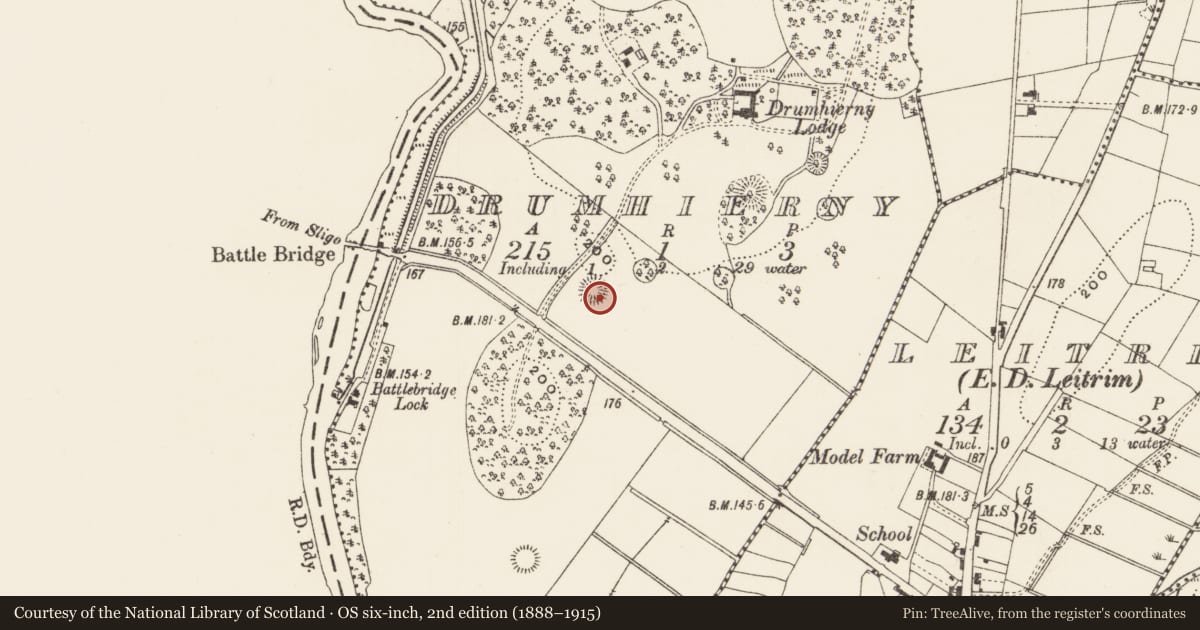 Ordnance Survey six-inch map, 2nd edition (1888–1915) covering the location of Enclosure, Drumhierny, County Leitrim, with a pin at the register's coordinates