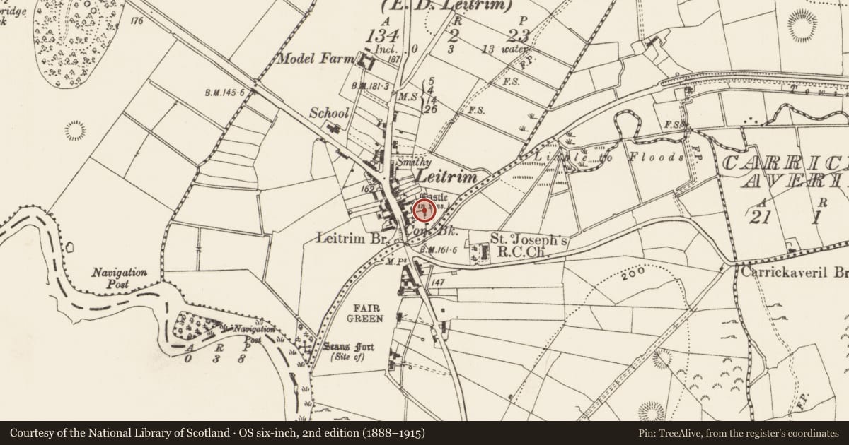 Ordnance Survey six-inch map, 2nd edition (1888–1915) covering the location of Castle - tower house, Leitrim, with a pin at the register's coordinates
