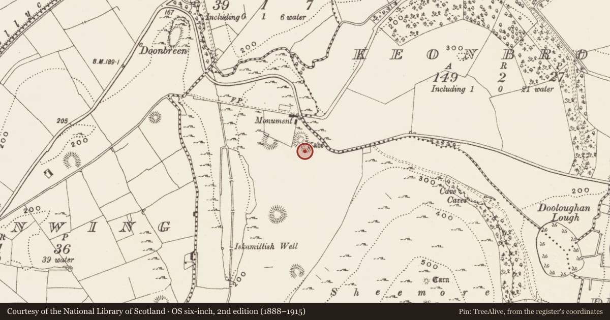 Ordnance Survey six-inch map, 2nd edition (1888–1915) covering the location of Enclosure, Sheemore, County Leitrim, with a pin at the register's coordinates