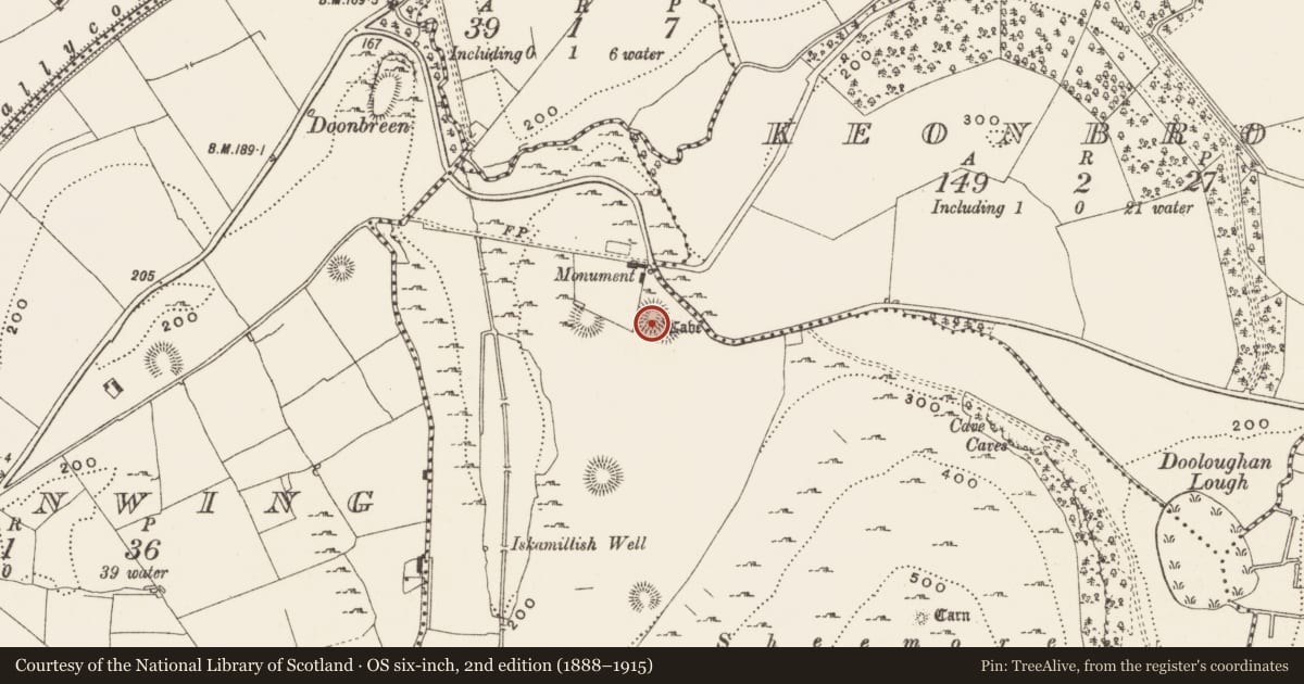 Ordnance Survey six-inch map, 2nd edition (1888–1915) covering the location of Souterrain, Sheemore, County Leitrim, with a pin at the register's coordinates