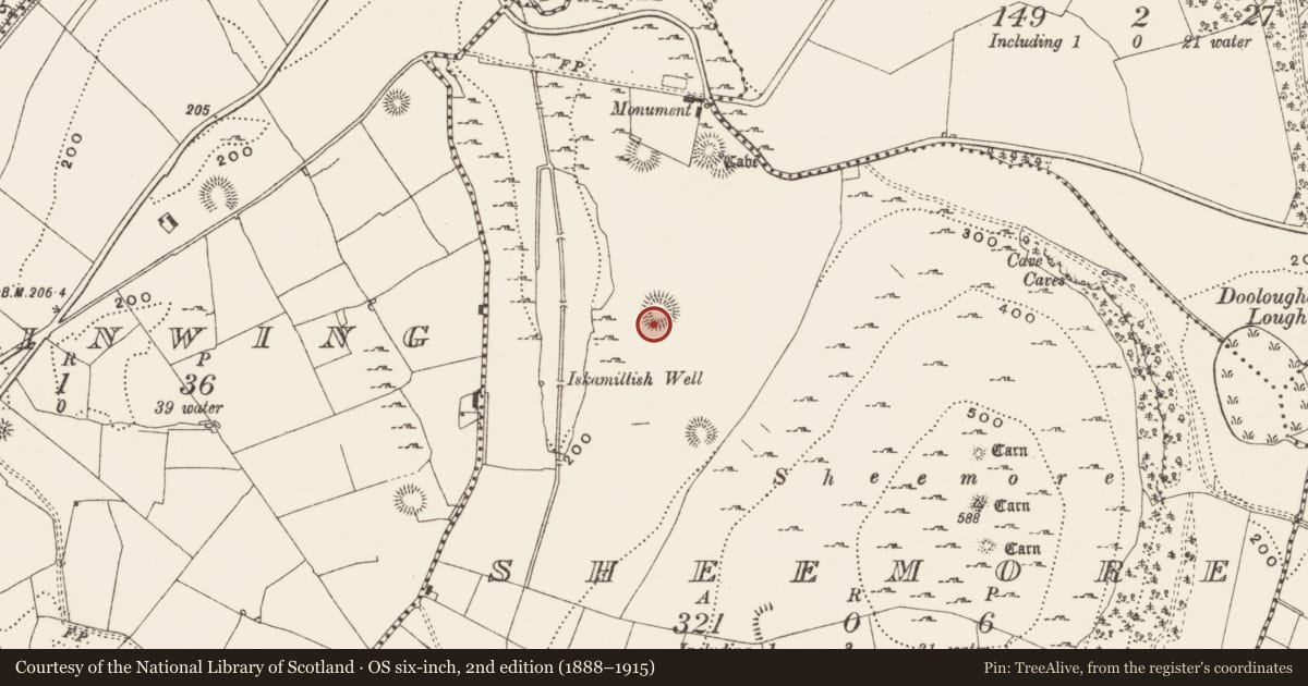 Ordnance Survey six-inch map, 2nd edition (1888–1915) covering the location of Ringfort - cashel, Sheemore, County Leitrim, with a pin at the register's coordinates