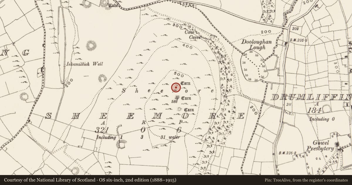 Ordnance Survey six-inch map, 2nd edition (1888–1915) covering the location of Megalithic tomb - passage tomb, Sheemore, County Leitrim, with a pin at the register's coordinates