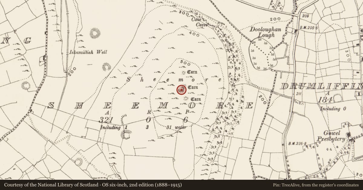 Ordnance Survey six-inch map, 2nd edition (1888–1915) covering the location of Megalithic tomb - passage tomb, Sheemore, County Leitrim, with a pin at the register's coordinates