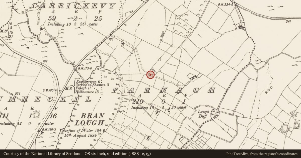 Ordnance Survey six-inch map, 2nd edition (1888–1915) covering the location of Ringfort - rath, Farnagh, County Leitrim, with a pin at the register's coordinates