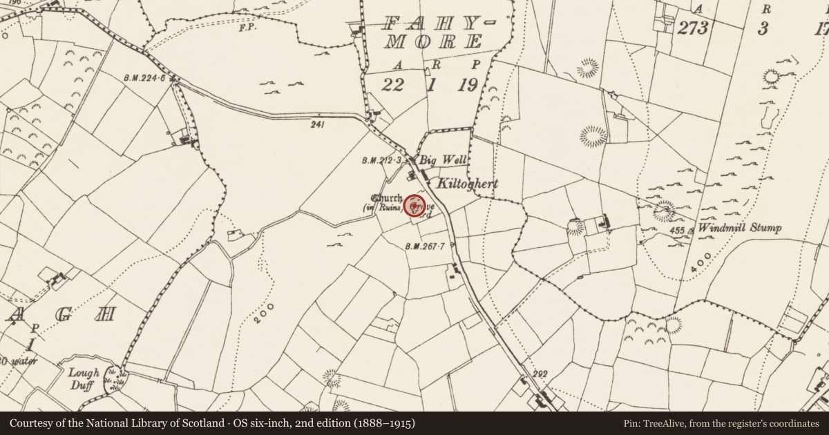 Ordnance Survey six-inch map, 2nd edition (1888–1915) covering the location of Church, Kiltoghert, County Leitrim, with a pin at the register's coordinates