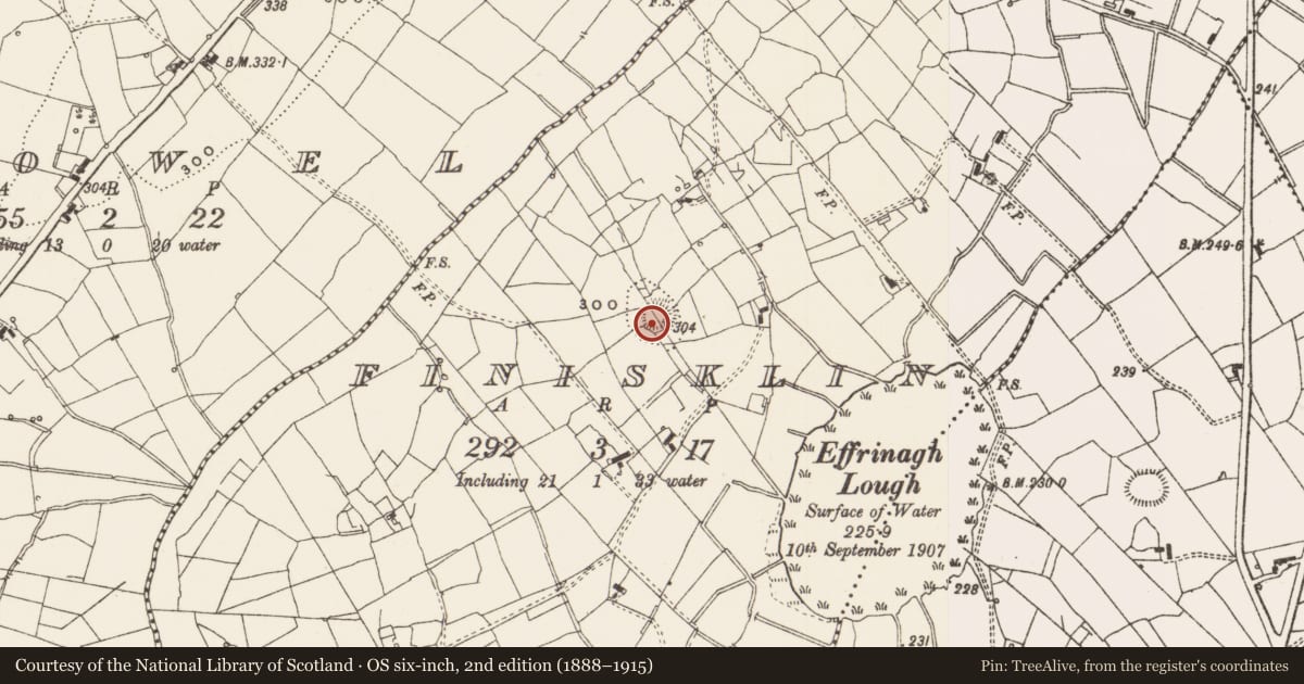Ordnance Survey six-inch map, 2nd edition (1888–1915) covering the location of Barrow - ring-barrow, Finisklin, County Leitrim, with a pin at the register's coordinates