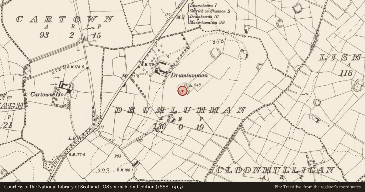 Ordnance Survey six-inch map, 2nd edition (1888–1915) covering the location of Ringfort - rath, Drumlumman, County Leitrim, with a pin at the register's coordinates