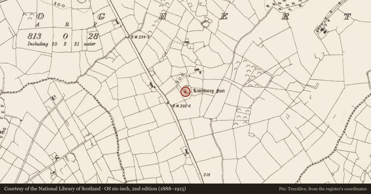 Ordnance Survey six-inch map, 2nd edition (1888–1915) covering the location of Ringfort - rath, Kiltoghert, County Leitrim, with a pin at the register's coordinates