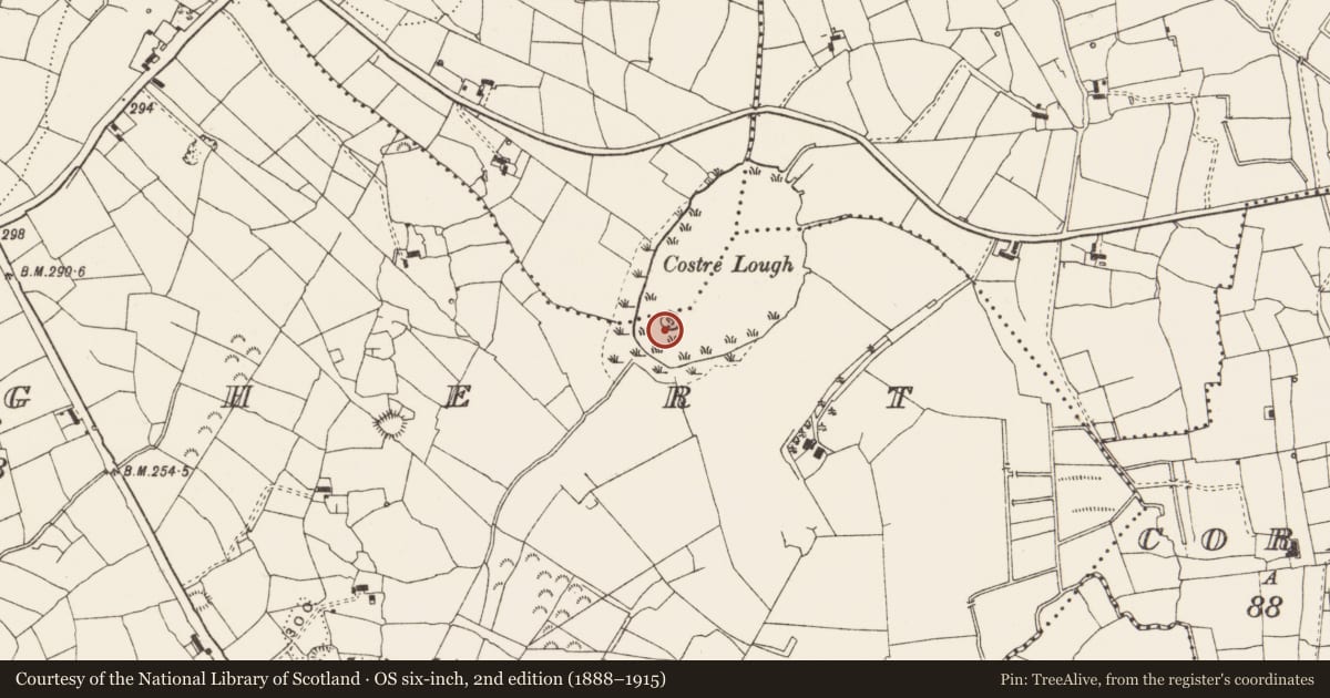 Ordnance Survey six-inch map, 2nd edition (1888–1915) covering the location of Crannog, Kiltoghert, County Leitrim, with a pin at the register's coordinates