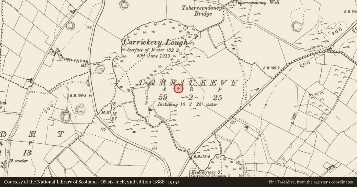 Ordnance Survey six-inch map, 2nd edition (1888–1915) covering the location of Enclosure, Carrickevy, County Leitrim, with a pin at the register's coordinates