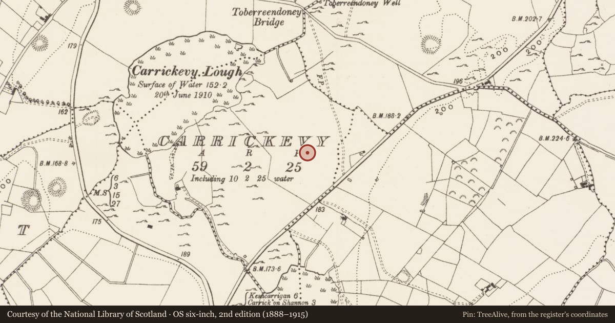 Ordnance Survey six-inch map, 2nd edition (1888–1915) covering the location of Enclosure, Carrickevy, County Leitrim, with a pin at the register's coordinates
