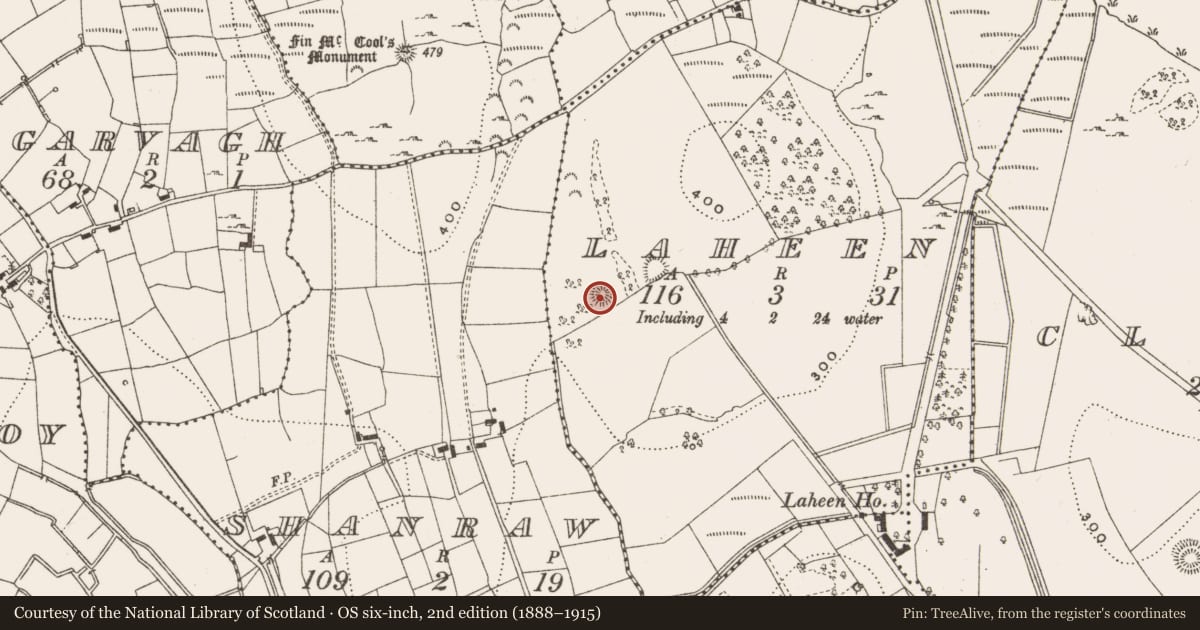 Ordnance Survey six-inch map, 2nd edition (1888–1915) covering the location of Ringfort - unclassified, Laheen, County Leitrim, with a pin at the register's coordinates