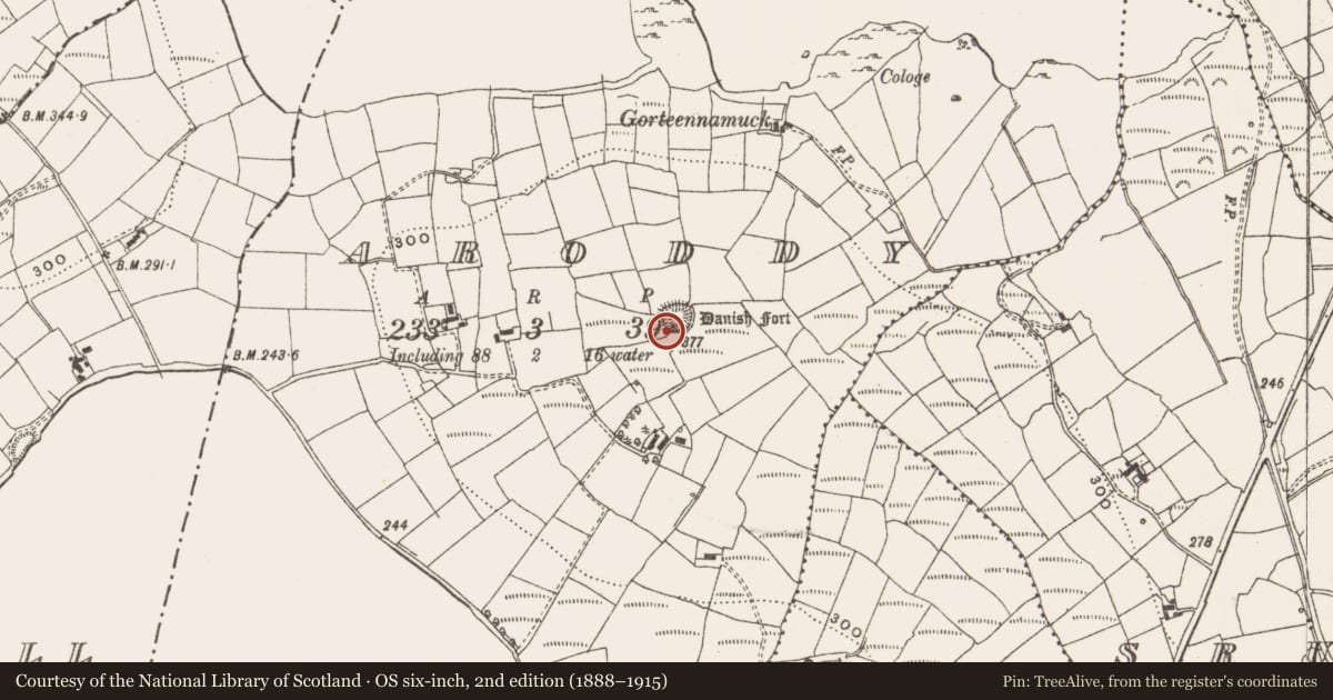 Ordnance Survey six-inch map, 2nd edition (1888–1915) covering the location of Ringfort - rath, Aroddy, County Leitrim, with a pin at the register's coordinates