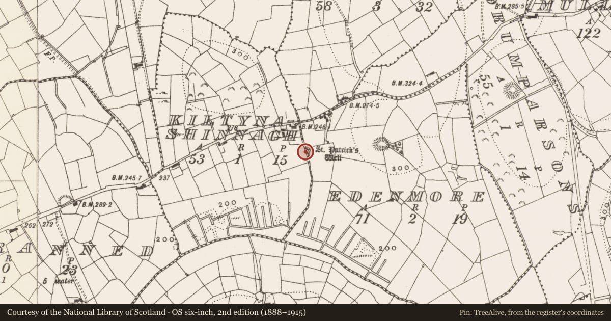 Ordnance Survey six-inch map, 2nd edition (1888–1915) covering the location of Ritual site - holy well, Edenmore, County Leitrim, with a pin at the register's coordinates