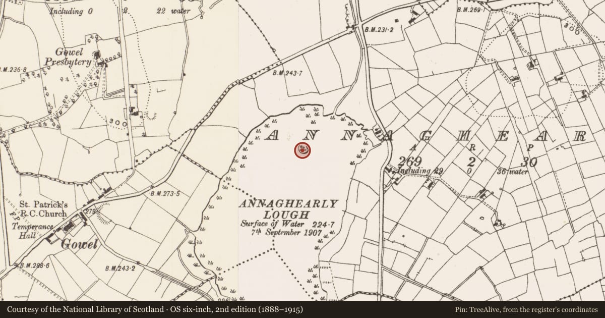 Ordnance Survey six-inch map, 2nd edition (1888–1915) covering the location of Crannog, Annaghearly, County Leitrim, with a pin at the register's coordinates