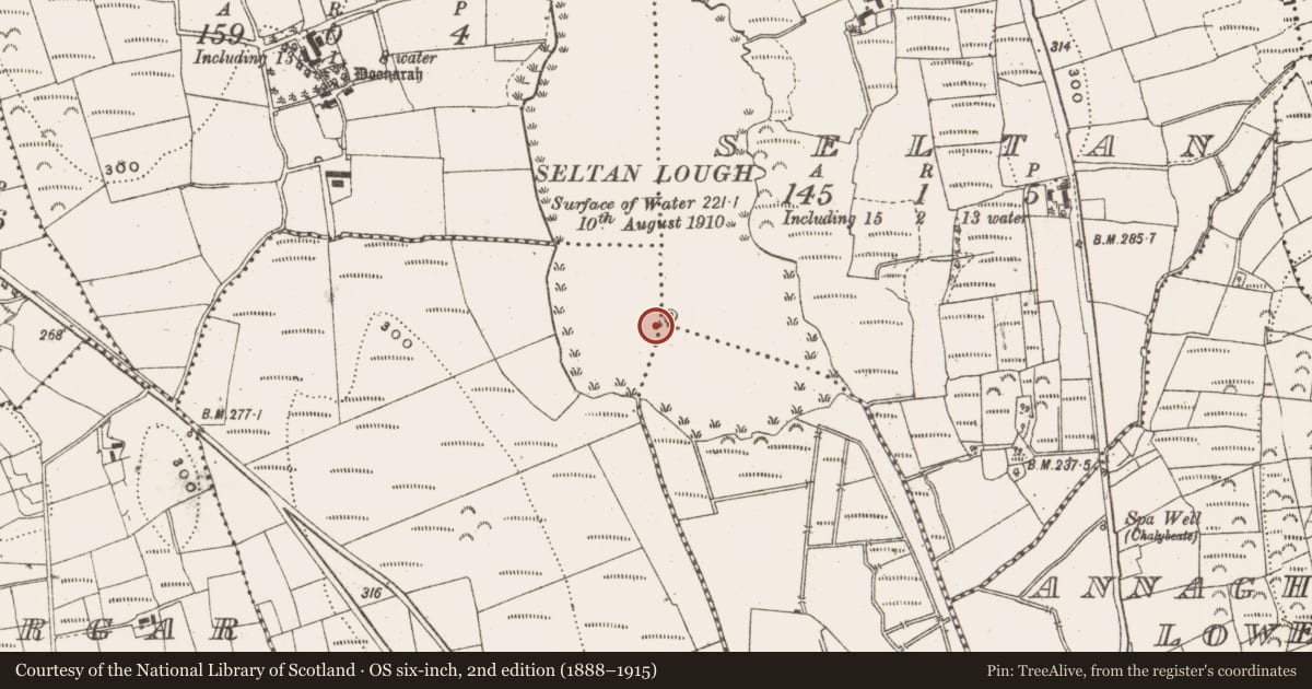 Ordnance Survey six-inch map, 2nd edition (1888–1915) covering the location of Crannog, Seltan, County Leitrim, with a pin at the register's coordinates