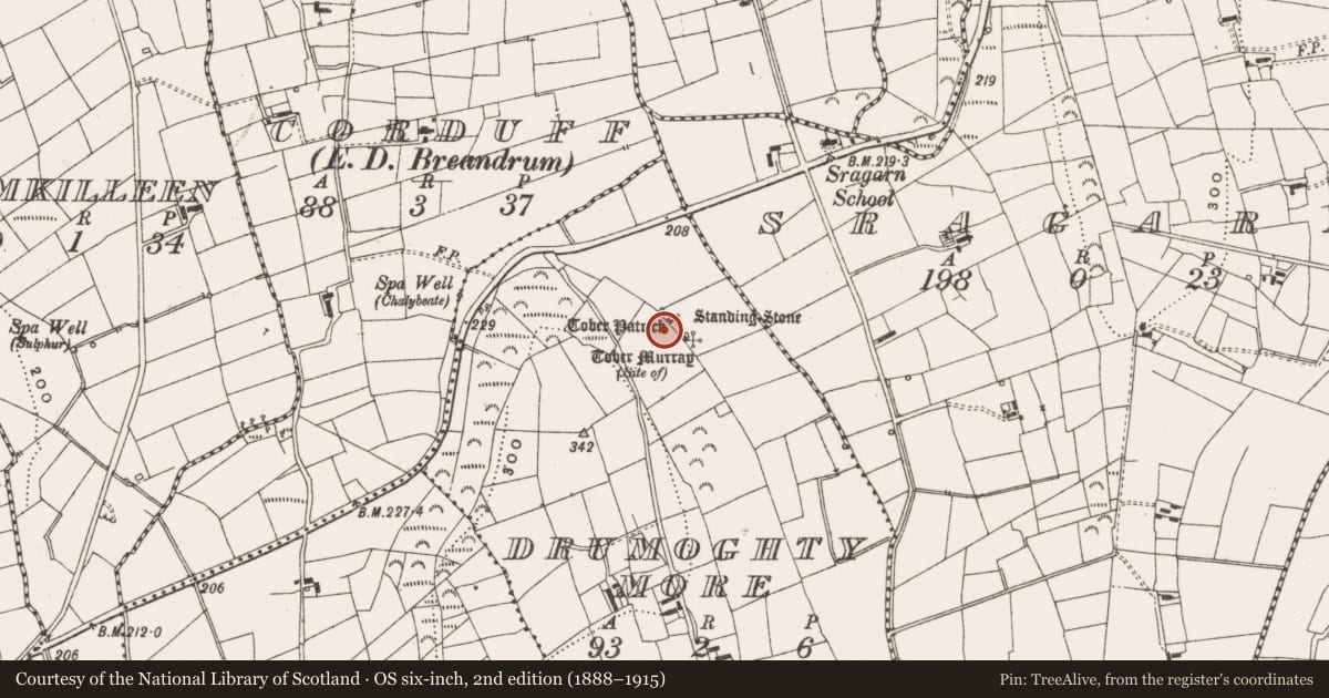 Ordnance Survey six-inch map, 2nd edition (1888–1915) covering the location of Ritual site - holy well, Drumoghty More, County Leitrim, with a pin at the register's coordinates