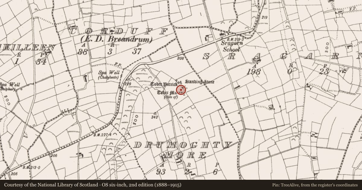 Ordnance Survey six-inch map, 2nd edition (1888–1915) covering the location of Ritual site - holy well, Drumoghty More, County Leitrim, with a pin at the register's coordinates