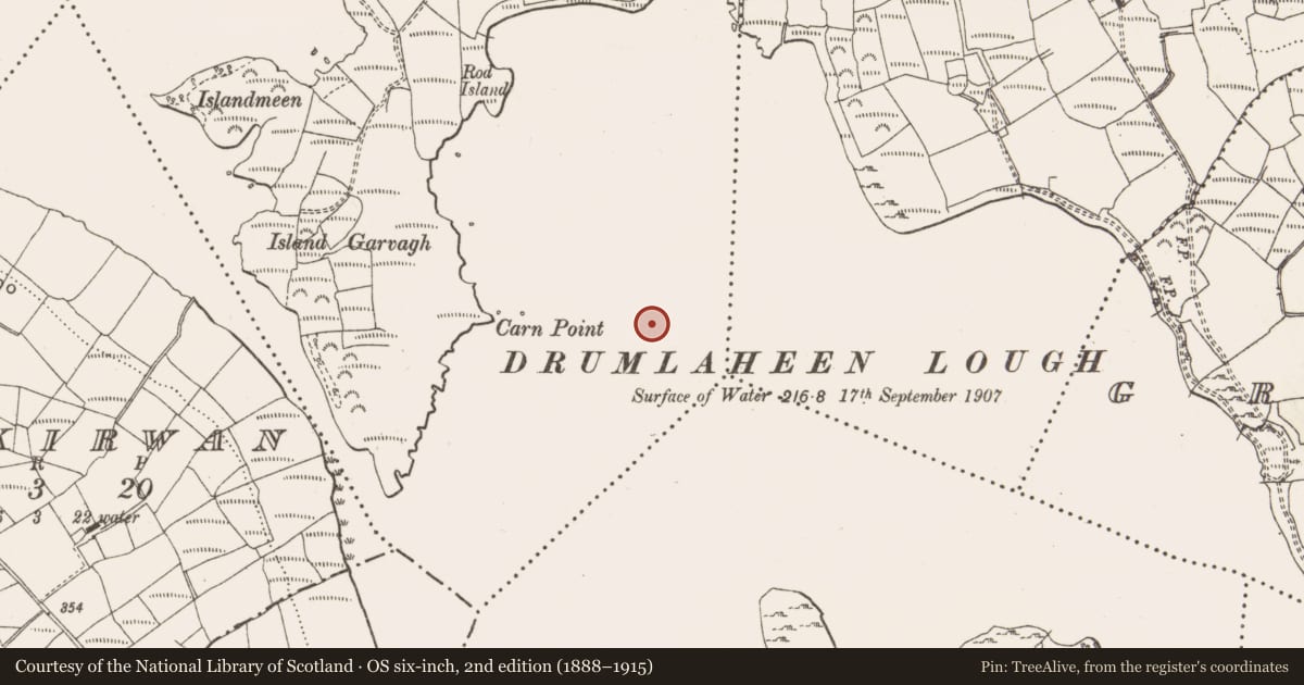 Ordnance Survey six-inch map, 2nd edition (1888–1915) covering the location of Crannog, Drumlaheen, County Leitrim, with a pin at the register's coordinates