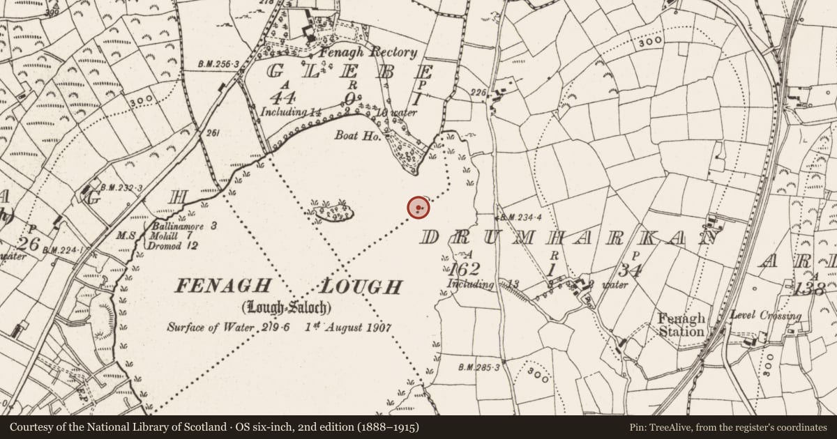 Ordnance Survey six-inch map, 2nd edition (1888–1915) covering the location of Crannog, Glebe, County Leitrim, with a pin at the register's coordinates