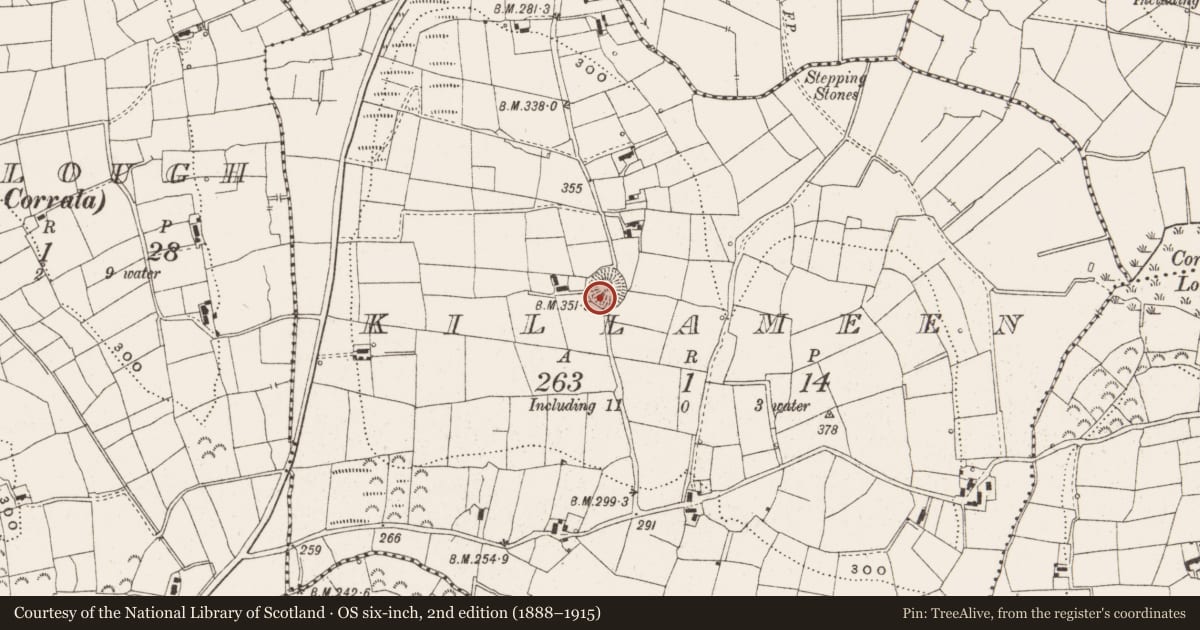 Ordnance Survey six-inch map, 2nd edition (1888–1915) covering the location of Ringfort - rath, Killameen, County Leitrim, with a pin at the register's coordinates